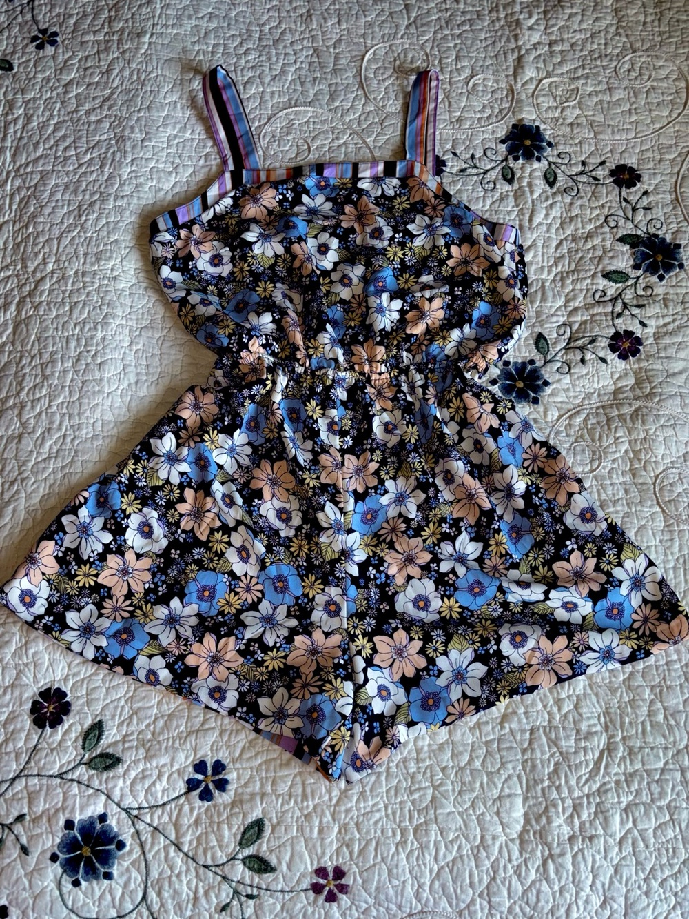 Maurices Floral / Striped-Trim REVERSIBLE Romper in Navy, Baby Blue, Peach. (XL)